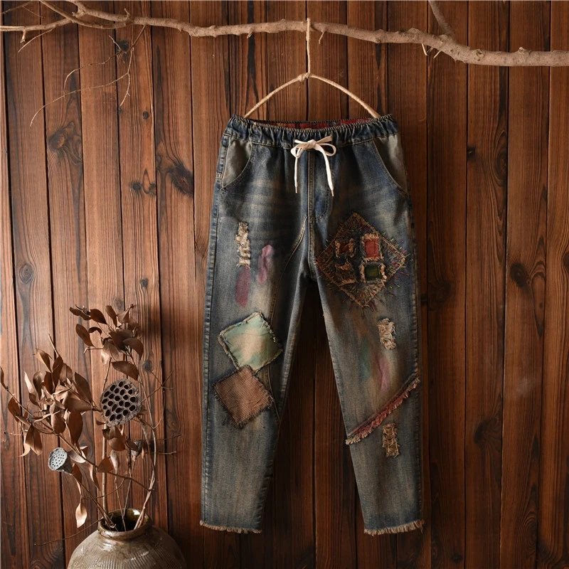 Ankle Length Pants High Waist Harem Woman Loose Softener Vintage Indie Folk Elastic Embroidery Pattern Ripped Bleached
Ankle Length Pants High Waist Harem Woman Loose Softener Vintage Indie Folk Elastic Embroidery Pattern Ripped Bleached