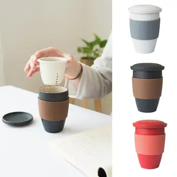 Ceramic Cup with Tea Infuser and Lid Tea Brewing Cup with Anti Scalding Silica Gel Ring