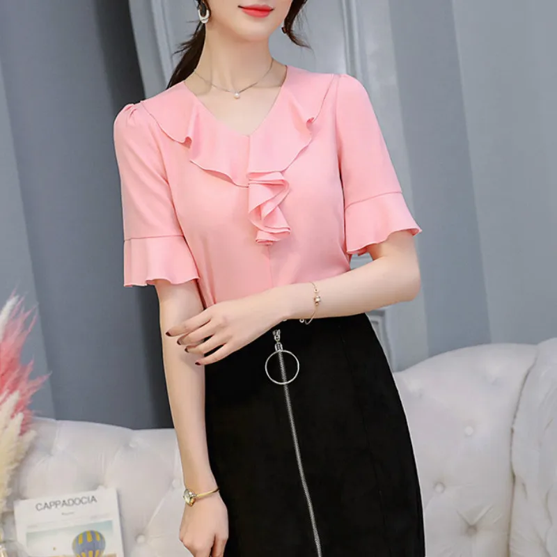 Spring Summer 2019 Women White Shirt Short Sleeve Shirts Korean Ruffles Women Casual Slim Chiffon Blouse Elegant Ladies Top Pink
Spring Summer 2019 Women White Shirt Short Sleeve Shirts Korean Ruffles Women Casual Slim Chiffon Blouse Elegant Ladies Top Pink