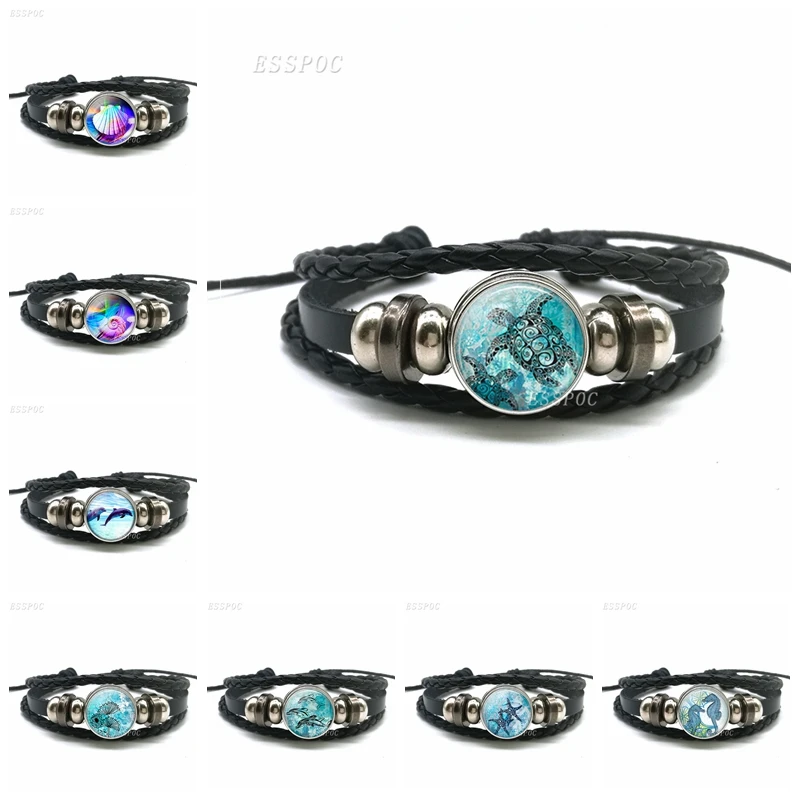 Sea Turtle Dolphin Seashells Black Braided Leather Button Bracelet Glass Dome Pendant Fashion Jewelry Ocean Souvenir Gift
Sea Turtle Dolphin Seashells Black Braided Leather Button Bracelet Glass Dome Pendant Fashion Jewelry Ocean Souvenir Gift