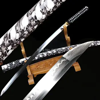 Hand-Forging Full Tang T10 Steel Clay Tempered Blade Razor Sharp Japanese Samurai Battle Sword Katana/Hard Wood Skull Scabbard 
Hand-Forging Full Tang T10 Steel Clay Tempered Blade Razor Sharp Japanese Samurai Battle Sword Katana/Hard Wood Skull Scabbard