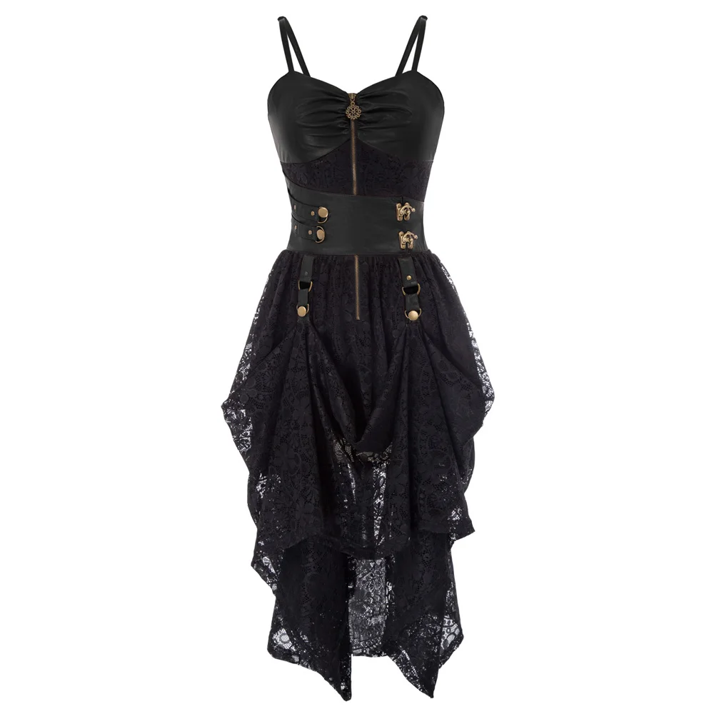 Women's dress summer party gothic dress vintage retro Steampunk Victorian Faux Leather Decorated High-Low Hem Lace Dress vestido
Women's dress summer party gothic dress vintage retro Steampunk Victorian Faux Leather Decorated High-Low Hem Lace Dress vestido