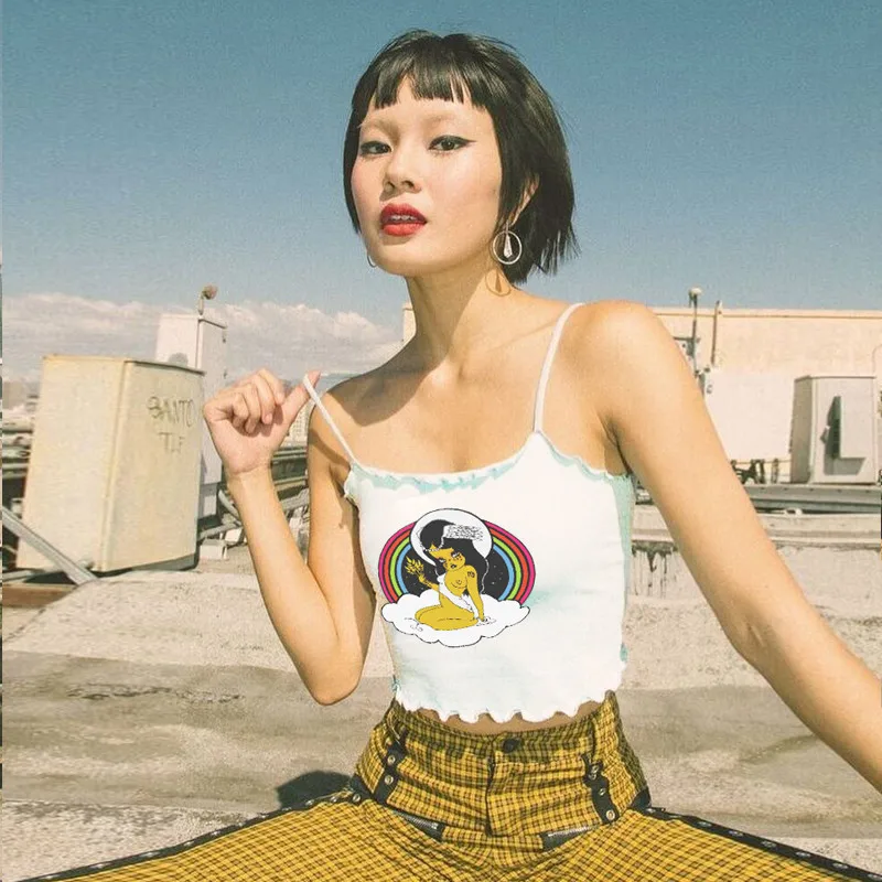 Sexy Cute Cartoon Print Spaghetti Strap Ruffle Crop Tops 2019 Summer Women Cotton Slash Neck Camisole Tops Female T Shirt
Sexy Cute Cartoon Print Spaghetti Strap Ruffle Crop Tops 2019 Summer Women Cotton Slash Neck Camisole Tops Female T Shirt