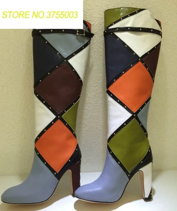 New Mixed Color Leather Grid Patchwork Rivet Studs Straps Knee-high Boots Chunky High Heels Slip On Shoes Women Multi Botas
New Mixed Color Leather Grid Patchwork Rivet Studs Straps Knee-high Boots Chunky High Heels Slip On Shoes Women Multi Botas