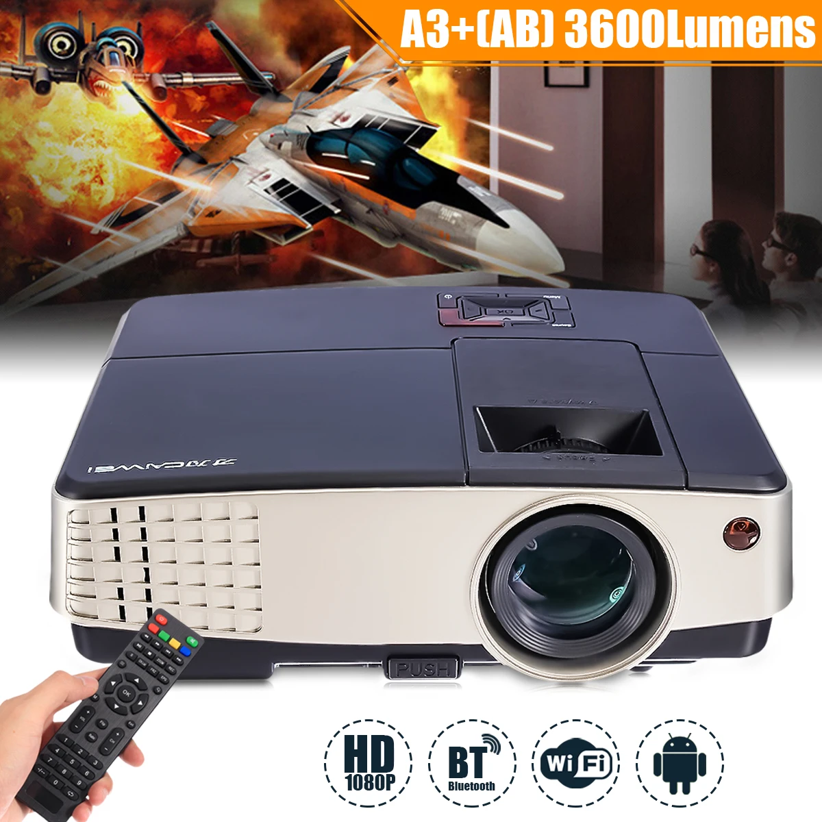 

3600 Lumens A3+AB Projector 1080P Full HD LCD Wifi Home Theater Cinema 72W LED Android 4.4 Bluetooth Multimedia Beamer