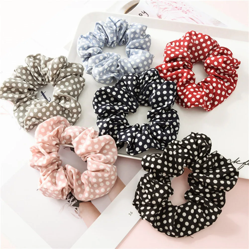 2PCS Womens Girls Polka Dot Print Velvet Hair Bands Scrunchies Ponytail Holders