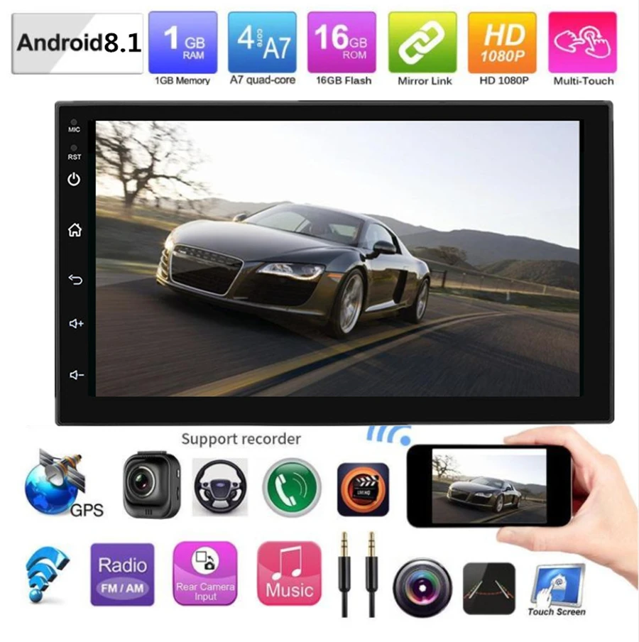 

GPS Wifi 3G 4G BT DAB Mirror Link OBD RDS 2DIN Android 8.1 7" 1080P Touch Screen Quad-Core 1GB RAM 16GB ROM Car Stereo Radio