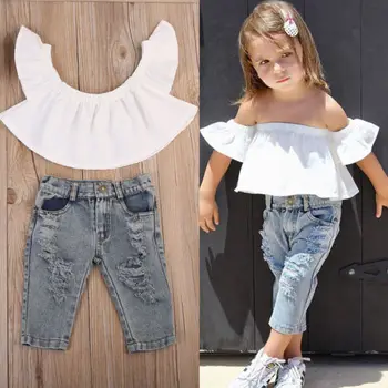 2019 New Fashion Children Girls Clothes Off shoulder Crop Tops White+ Hole Denim Pant Jean Headband 2PCS Toddler Kids Clothing
2019 New Fashion Children Girls Clothes Off shoulder Crop Tops White+ Hole Denim Pant Jean Headband 2PCS Toddler Kids Clothing