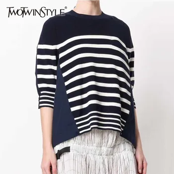 TWOTWINSTYLE Casual Striped Knitting Sweater Women Three Quarter Batwing Sleeve Hit Colors Patchwork Tops Female Autumn 2020
TWOTWINSTYLE Casual Striped Knitting Sweater Women Three Quarter Batwing Sleeve Hit Colors Patchwork Tops Female Autumn 2020