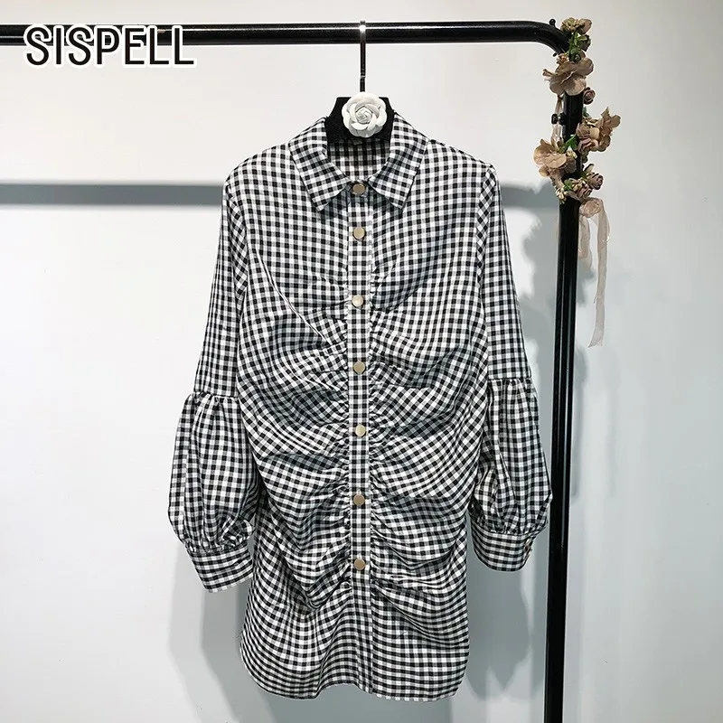 SISPELL Spring Sweet Women Shirt Lapel Plaid Long Sleeve Button Pleat Oversized 2019 Women's Shirts Fashion New Korean |