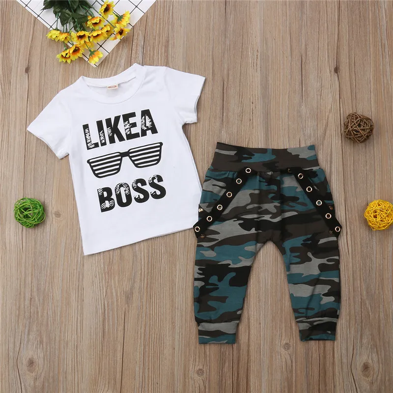 Toddler Baby Boys clothes letter print round neck short sleeve pullover T-shirts camouflage Pants 2pc kids casual cotton Outfits
Toddler Baby Boys clothes letter print round neck short sleeve pullover T-shirts camouflage Pants 2pc kids casual cotton Outfits
