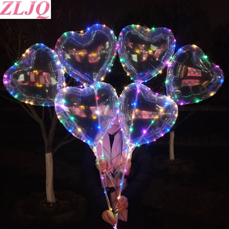 

ZLJQ 10PCS 18inch Clear Heart Round Bobo Balloons with 3M Led Strip Wire Luminous Globos Wedding Decoration Birthday Party Toy