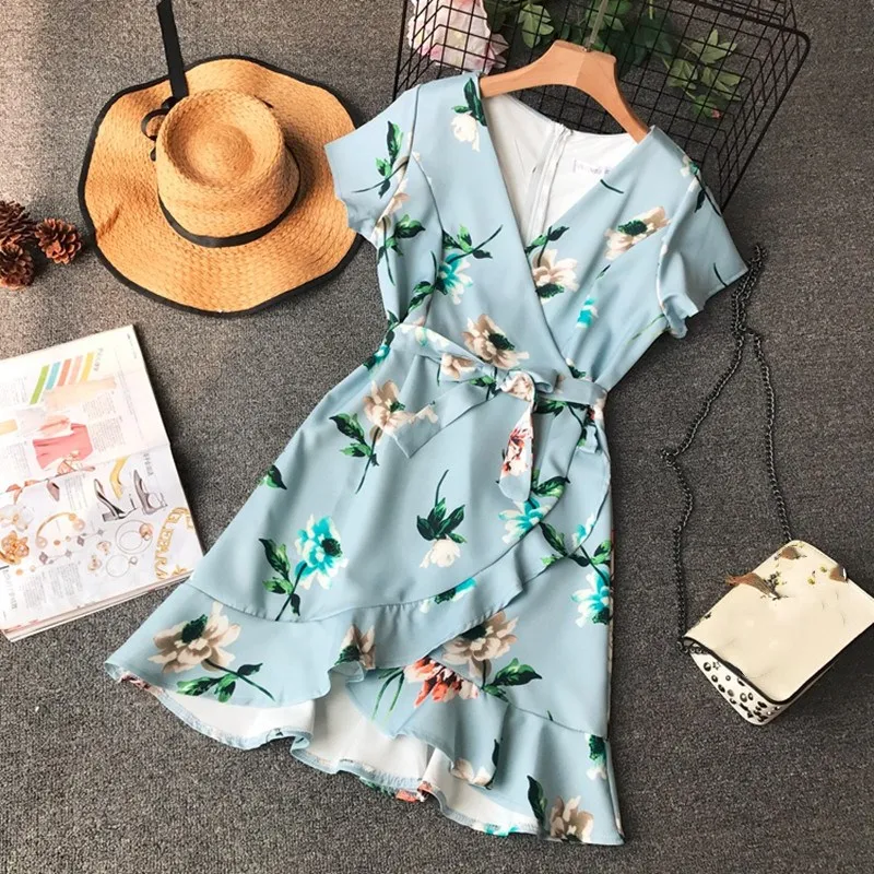 Summer Female Blue Irregular Mini Dress High Waist V Neck Flower Printing Sashes Ruffles Wrap Dress
Summer Female Blue Irregular Mini Dress High Waist V Neck Flower Printing Sashes Ruffles Wrap Dress