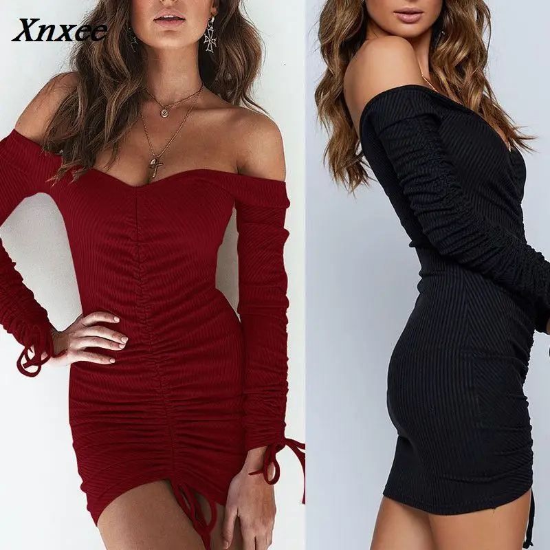 

2018 Autumn Long Sleeve Women Dress Slim Bandage V Neck Package Hip Sexy Mini Dresses Clothes For Female S M L XL Xnxee