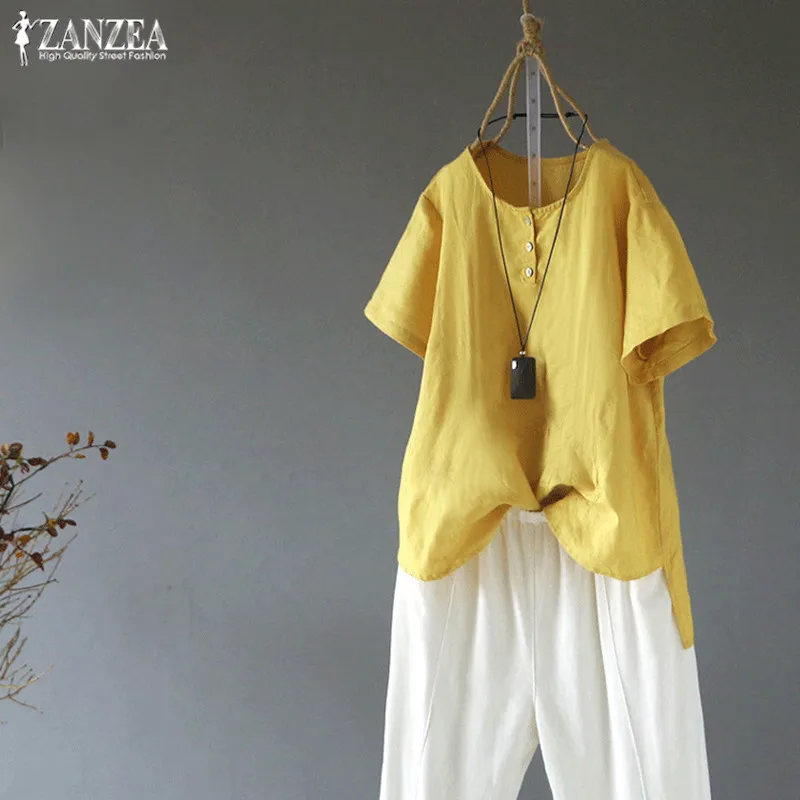 Vintage Linen Blouse Women 2019 ZANZEA Summer Short Sleeve Tunic Tops O Neck Tee Shirts Female Button Chemise Oversized Blusas
Vintage Linen Blouse Women 2019 ZANZEA Summer Short Sleeve Tunic Tops O Neck Tee Shirts Female Button Chemise Oversized Blusas