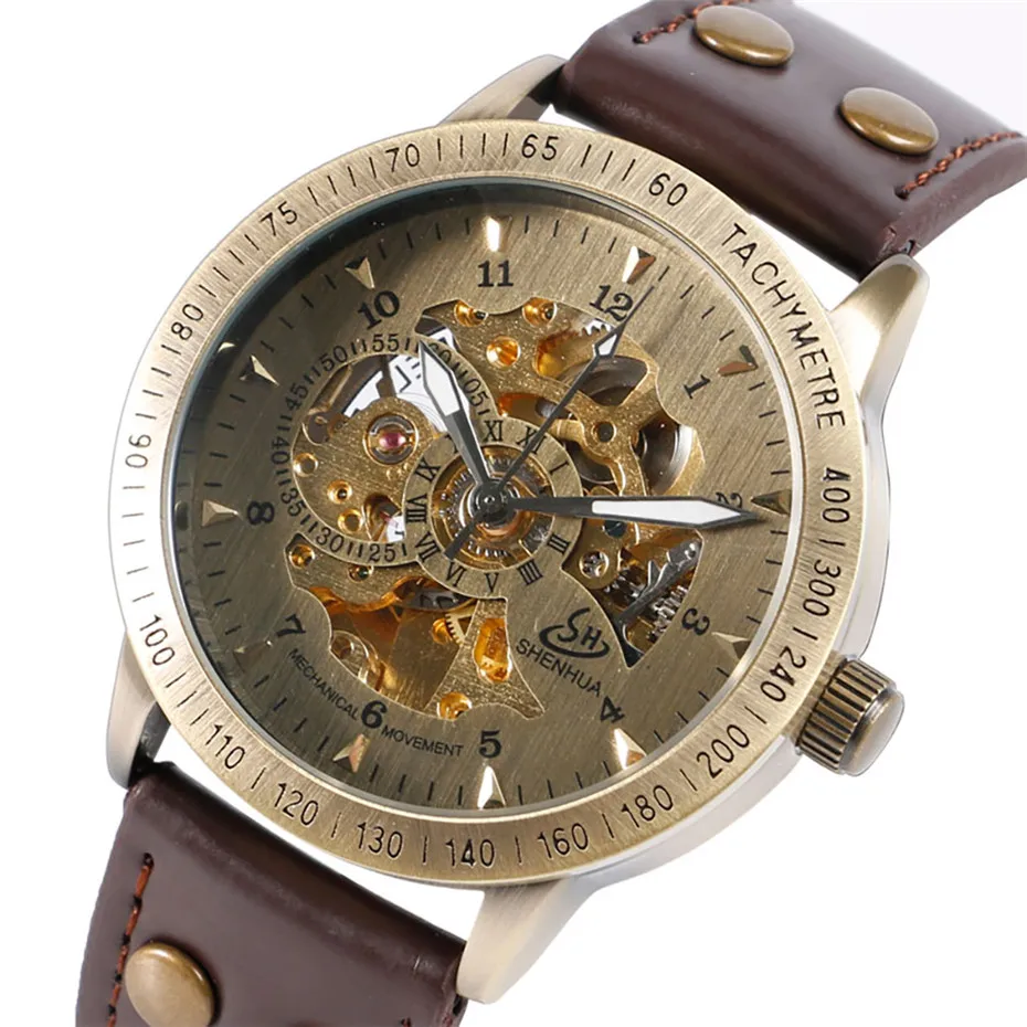 Steampunk Skeleton Mechanical Wristwatch for Men Bronze Metal Automatic Self Wind Men's Wrist Clock with Genuine Leather Strap
Steampunk Skeleton Mechanical Wristwatch for Men Bronze Metal Automatic Self Wind Men's Wrist Clock with Genuine Leather Strap