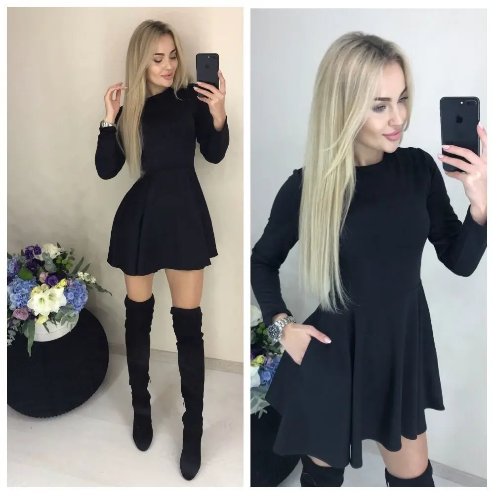 Spring New Casual Women O-neck Fit And Flare Pockets Long Sleeve Mini Cute Party Dress Black Red Wine Red Color Vestidos
Spring New Casual Women O-neck Fit And Flare Pockets Long Sleeve Mini Cute Party Dress Black Red Wine Red Color Vestidos