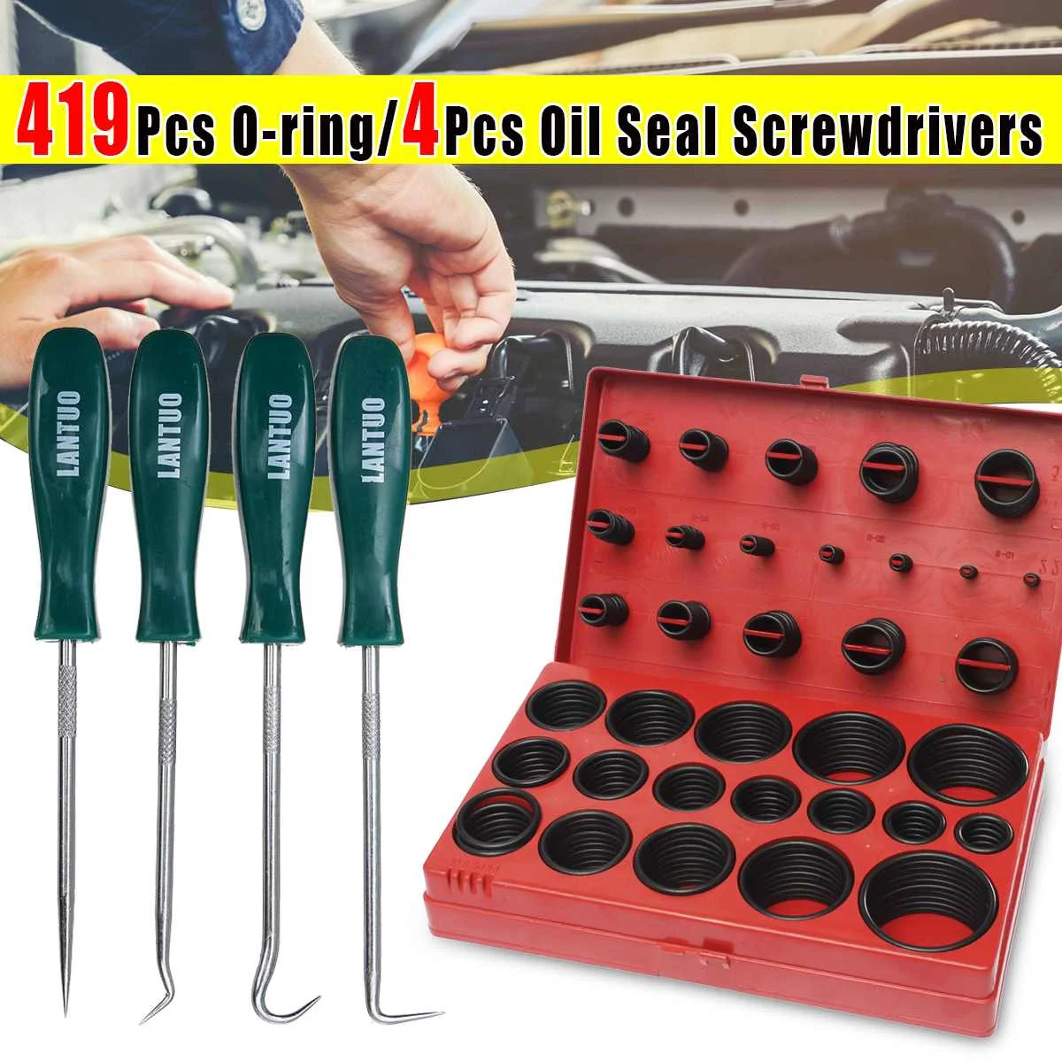 419Pcs Rubber O-ring Kit 4Pcs Oil Seal Screwdrivers Set Pick Hooks Hand Tools for General-Plumbers Mechanics Workshop Garages
419Pcs Rubber O-ring Kit 4Pcs Oil Seal Screwdrivers Set Pick Hooks Hand Tools for General-Plumbers Mechanics Workshop Garages