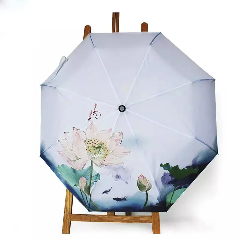 Ink Painting Umbrella Rain and Sun Women Umbrella Fold AntiUV Parasol Lotus Pattern Colour Printing
Ink Painting Umbrella Rain and Sun Women Umbrella Fold AntiUV Parasol Lotus Pattern Colour Printing