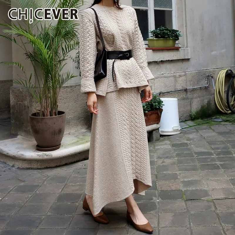 CHICEVER Autumn Two Piece Set O Neck Long Sleeve Loose Sweaters With Belts Elastic High Waist Asymmetric Hem Skirts Female
CHICEVER Autumn Two Piece Set O Neck Long Sleeve Loose Sweaters With Belts Elastic High Waist Asymmetric Hem Skirts Female