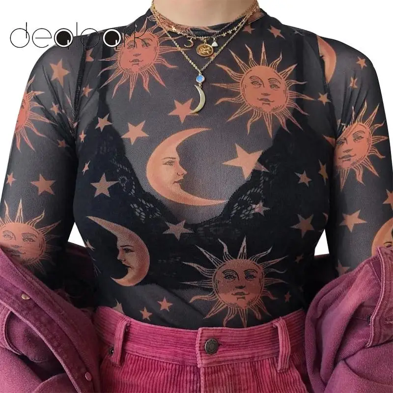2019 Sexy T Shirt Women Sheer Mesh tshirt Sun Moon Print O-Neck Long Sleeve Slim T Shirt tunics female Tees Shirt Black/White
2019 Sexy T Shirt Women Sheer Mesh tshirt Sun Moon Print O-Neck Long Sleeve Slim T Shirt tunics female Tees Shirt Black/White