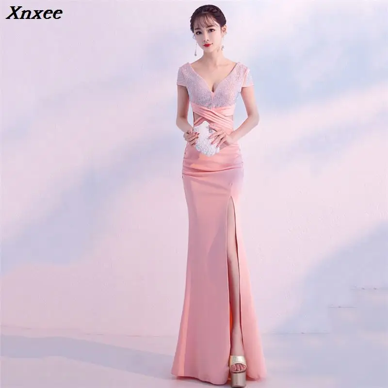 Xnxee Elegant Deep V Sequines Short Sleeve Waist Cross Long Mermaid Sexy Slit Formal Evening Party Dress Plus Size | Женская одежда