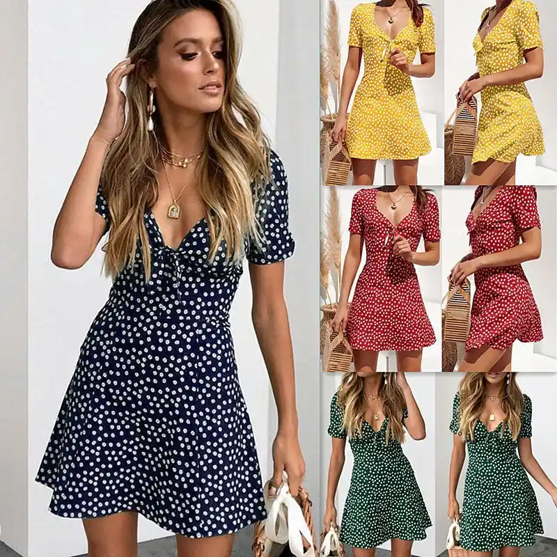 UK Women Short Sleeve Leopard Print Swing Dress V-neck Summer Beach Mini Dresses