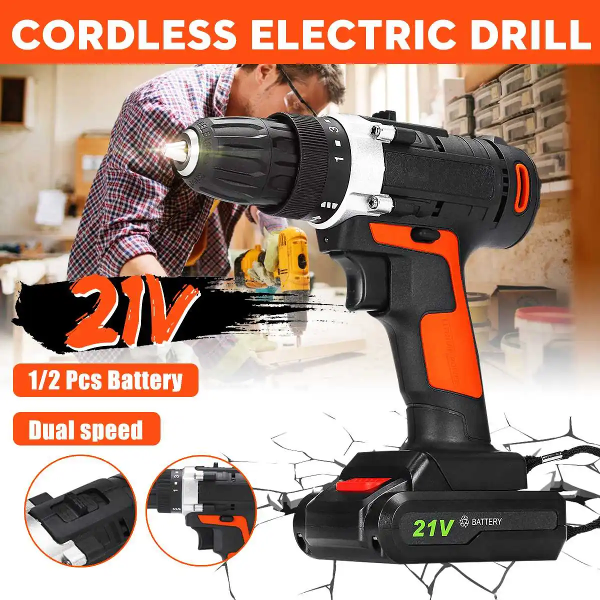 21V 2 Speed Cordless Electric Drill Bits Electric Screwdriver Impact Wrench Kit LED light Rechargeable with 2 Battery Power Tool
21V 2 Speed Cordless Electric Drill Bits Electric Screwdriver Impact Wrench Kit LED light Rechargeable with 2 Battery Power Tool