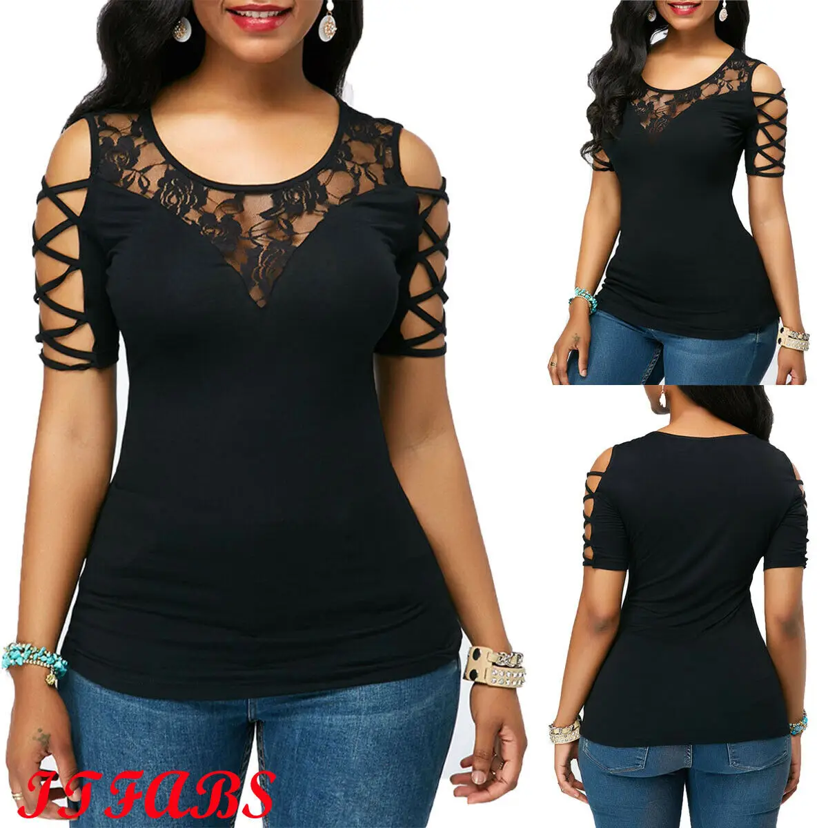 Women Summer Sexy Lace Short Sleeve O-Neck Pullover Tops Ladies Casual Hollow Out Black T-Shirt 
Women Summer Sexy Lace Short Sleeve O-Neck Pullover Tops Ladies Casual Hollow Out Black T-Shirt