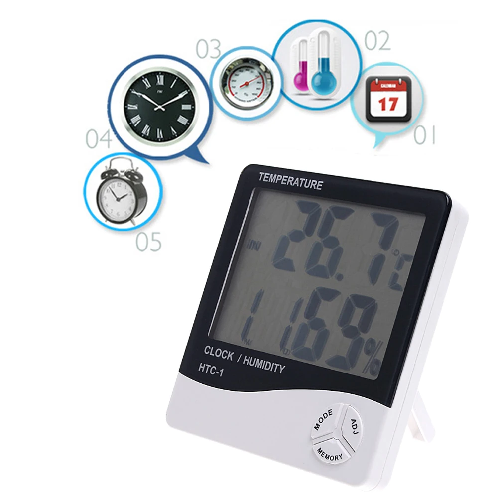 

LCD Digital Thermometer Hygrometer Temperature Humidity Meter Alarm Clock Calendar C F Selectable Weather Station HTC-1