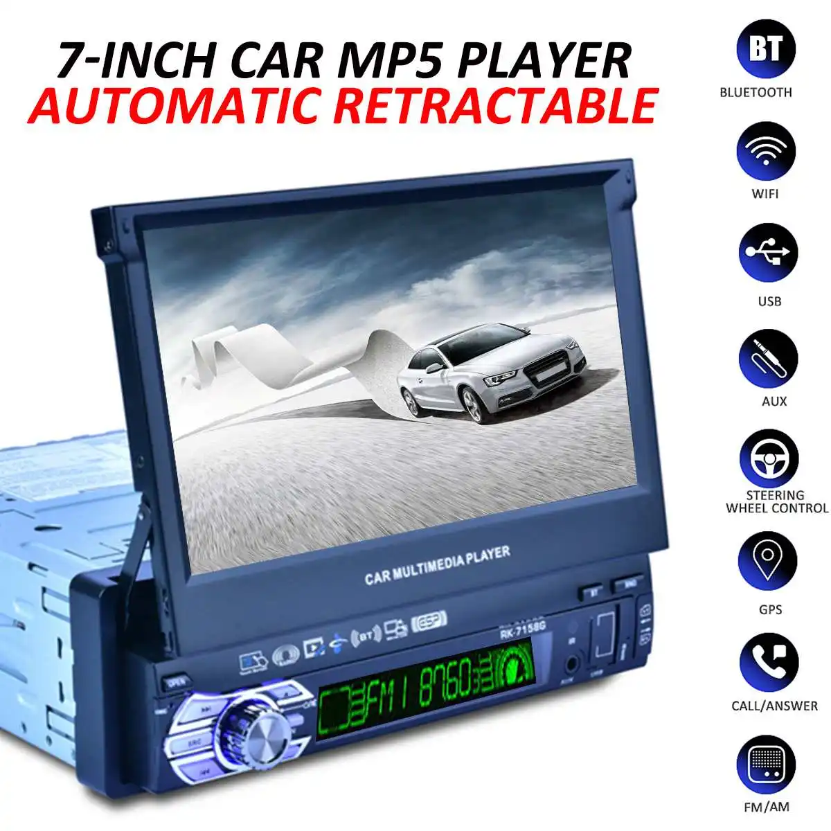 1 DIN 7" HD Auto Retractable bluetooth Car Radio Stereo AUX/USB/FM/MP5 Multimedia Player GPS Navigation + Rearview Camera
1 DIN 7" HD Auto Retractable bluetooth Car Radio Stereo AUX/USB/FM/MP5 Multimedia Player GPS Navigation + Rearview Camera