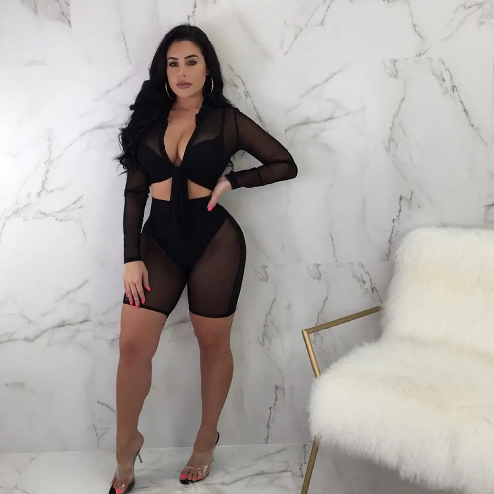 Women Sets Lang Mesh Tops +Short Pant Sexy Long Sleeve SeeThrough Mesh Fishnet Crop Top T-Shirt & Shorts Set 
Women Sets Lang Mesh Tops +Short Pant Sexy Long Sleeve SeeThrough Mesh Fishnet Crop Top T-Shirt & Shorts Set