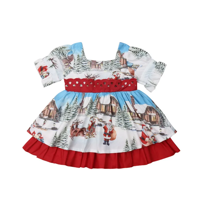 Girl Christmas Lace Princess Dress Toddler Kids Baby Santa Print Outfits Clothes