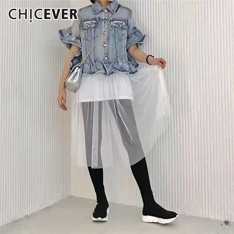 CHICEVER Summer Vintage Patchwork Mesh Hem Women Denim Jackets Lapel Short Ruffles Sleeve Button Pockets Loose Long Coat 2019
CHICEVER Summer Vintage Patchwork Mesh Hem Women Denim Jackets Lapel Short Ruffles Sleeve Button Pockets Loose Long Coat 2019