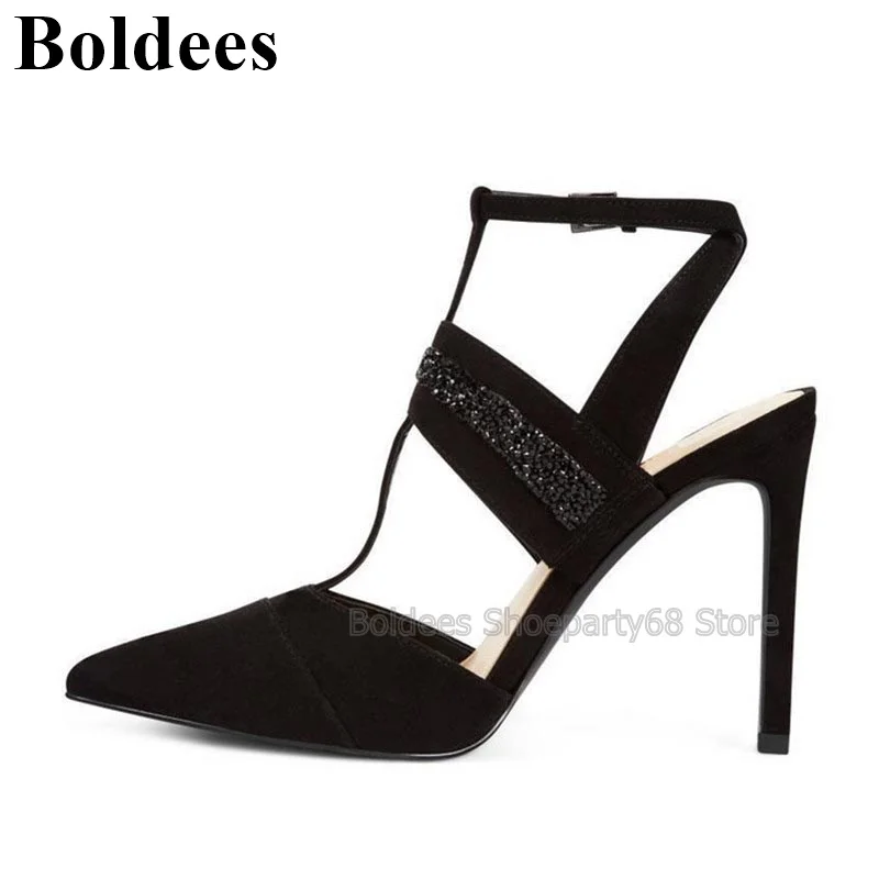 Fashion Black Suede Leather With Crystals T-Straps Women Buckle Designer Pumps Party Shoes Pointed Toe Sling BackHigh Heels
Fashion Black Suede Leather With Crystals T-Straps Women Buckle Designer Pumps Party Shoes Pointed Toe Sling BackHigh Heels