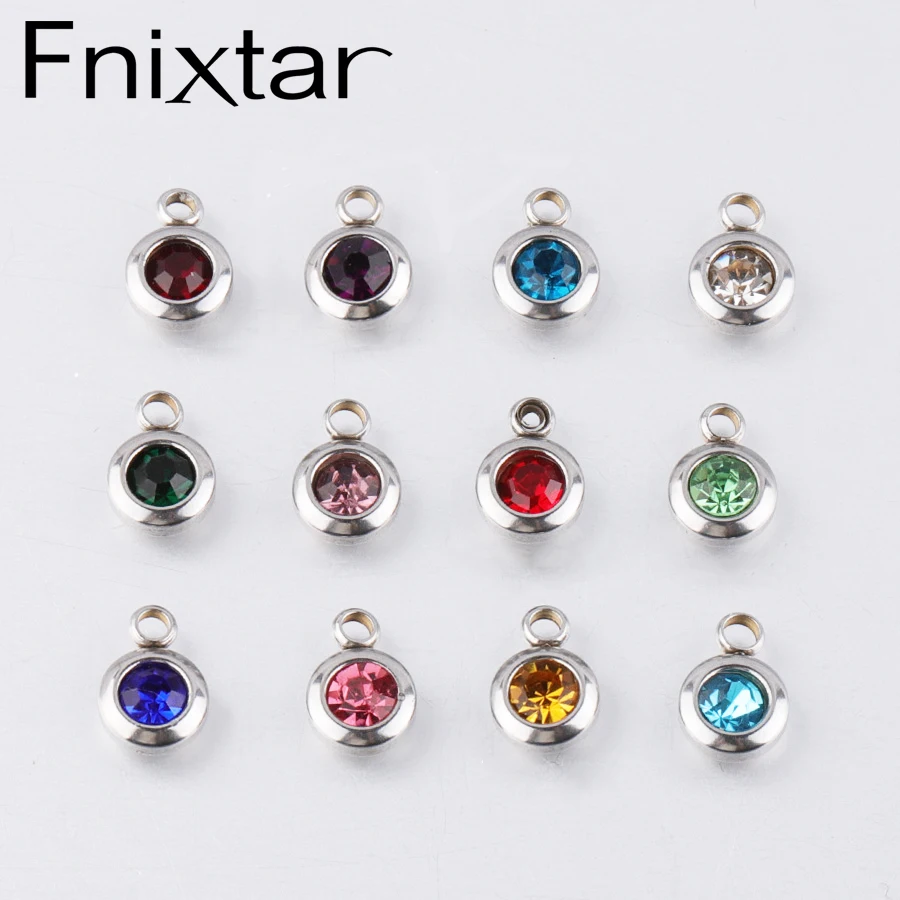 Fnixtar 60Pcs/Lot Stainless Steel Birthstone Charms 6.5mm Rhinestones Month For DIY Jewelry Making Necklace | Украшения и