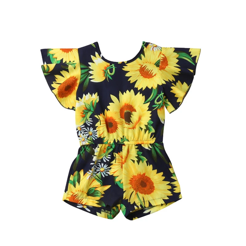 2PC Summer Baby Girls Sleeveless Sunflower Print Romper Headband Bodysuit 3-24M