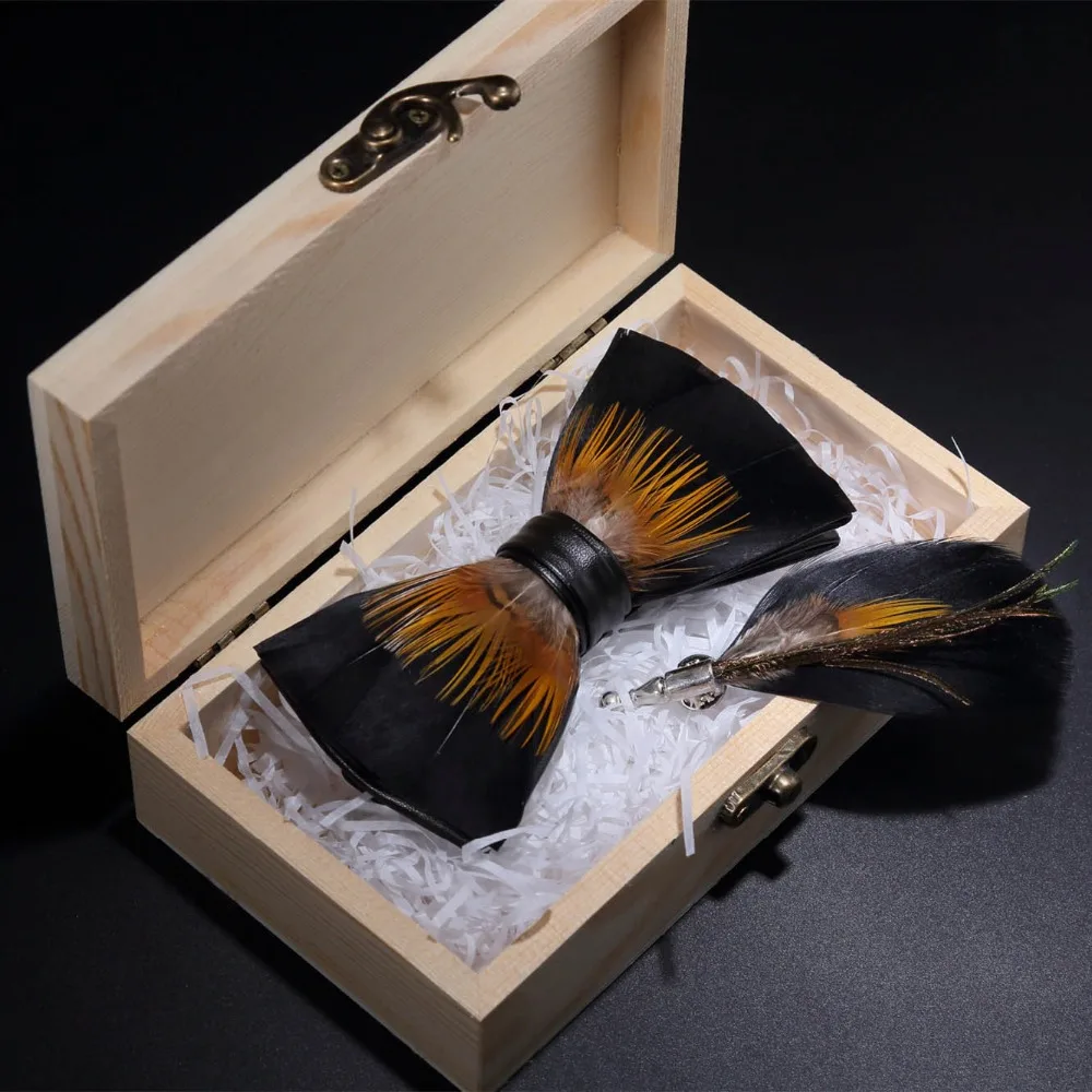 

JEMYGINS Original Design Black Yellow Bird Feather Bow Tie Handmade Bowtie Brooch Gift Wooden Box Combo for Men Wedding Party