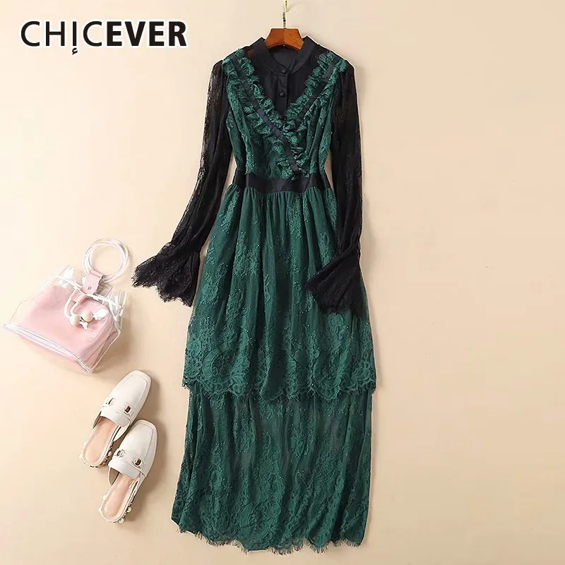 CHICEVER Spring Patchwork Lace Perspective Green Dress For Women O Neck Flare Sleeve High Waist Button Loose Slim A-line Dresses
CHICEVER Spring Patchwork Lace Perspective Green Dress For Women O Neck Flare Sleeve High Waist Button Loose Slim A-line Dresses