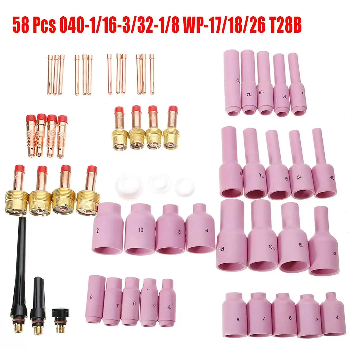 58pcs For Torch 17/18/26 T28 TIG Welding Accessories Stubby Collet Setup Kit Welding Torch Durable Practical Welding Accessories
58pcs For Torch 17/18/26 T28 TIG Welding Accessories Stubby Collet Setup Kit Welding Torch Durable Practical Welding Accessories