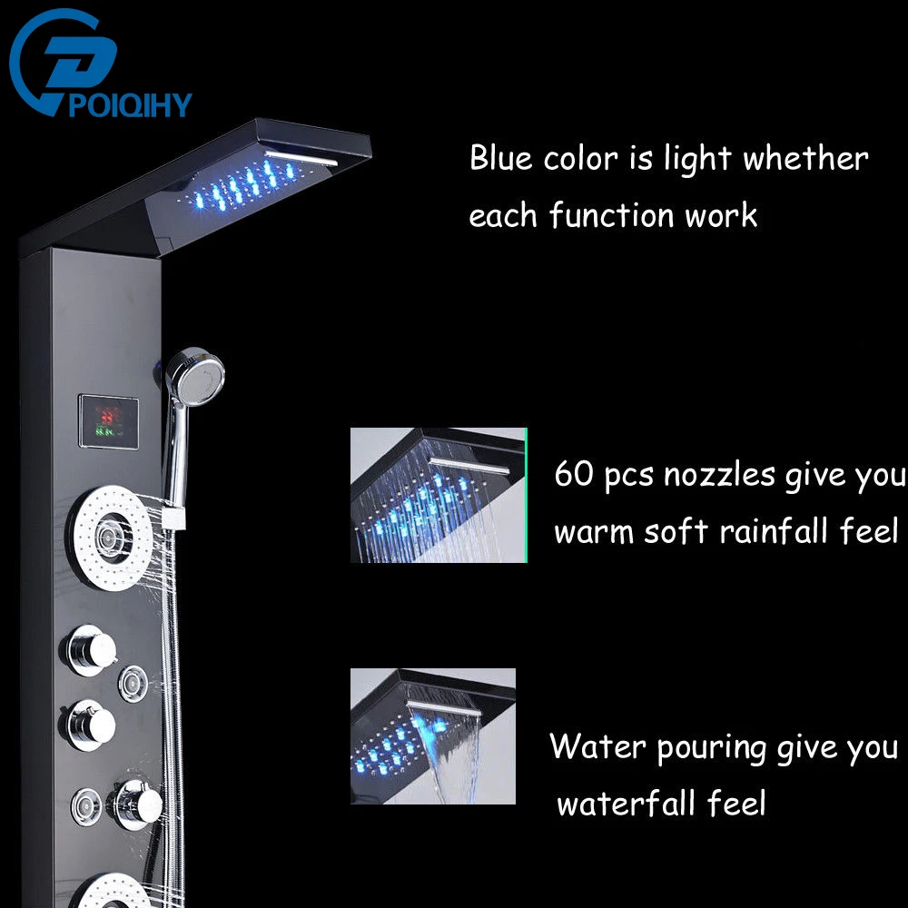 

Black LED Waterfall Rainfall Shower Panel Body Massage Jets Hand Shower Tower Shower Shower Set Faucets Mixer Tap