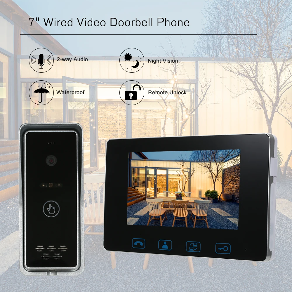 

Wired Video Doorbell Phone 7" Video Intercom Monitor Doorphone System HD Camera Kits Support Unlock Monitoring Dual-Way Intercom