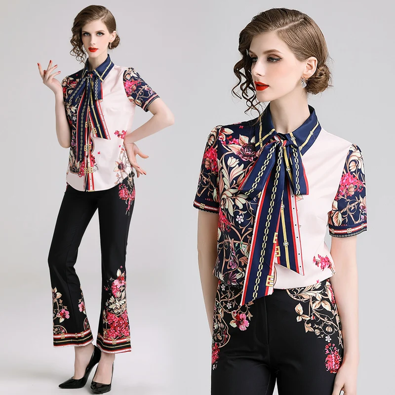 Fashion 2019 Summer Women Runway Lace Up Bow Printed Floral Pink Blouses Office Ladies Shirts + Long Skinny Flare Pants Black
Fashion 2019 Summer Women Runway Lace Up Bow Printed Floral Pink Blouses Office Ladies Shirts + Long Skinny Flare Pants Black