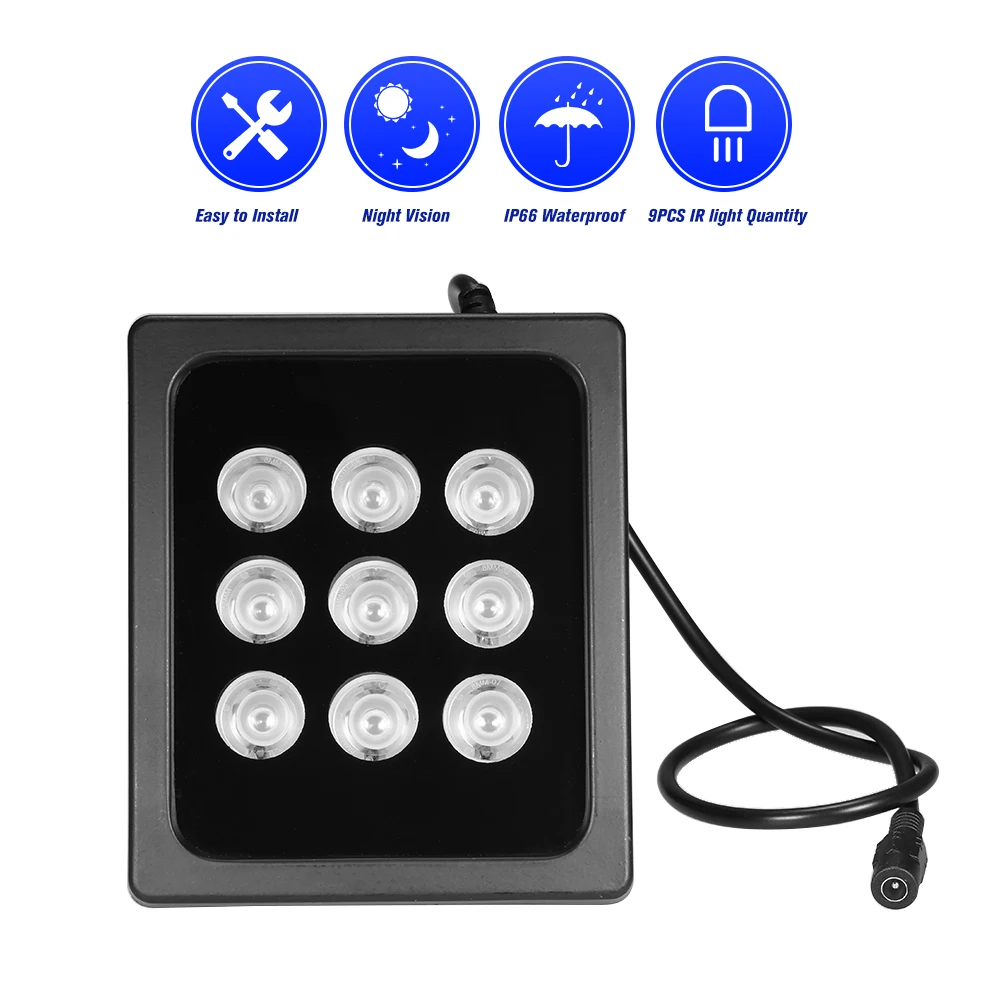 Infrared Illuminator 9pcs Array IR LEDS IR Illuminator Night Vision Wide Angle Long Range Waterproof for CCTV Security Camera
Infrared Illuminator 9pcs Array IR LEDS IR Illuminator Night Vision Wide Angle Long Range Waterproof for CCTV Security Camera