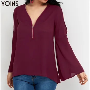 

YOINS 2020 Women Autumn Blouse Shirts Casual Loose Long Flare Sleeve Zip V Neck Cold Shoulder Pullover Top Blusas Femininas