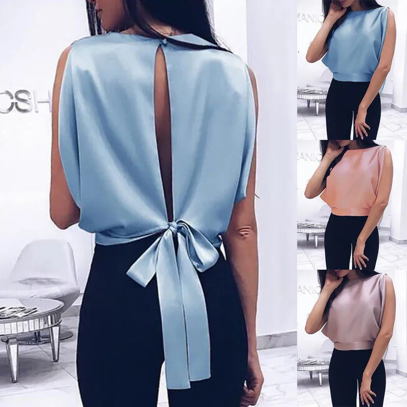 Casual Womens Sleeveless Tops Elegant Open Back Backless T-Shirts Solid Color Bowknot O-Neck Tops Summer Lady Clothes
Casual Womens Sleeveless Tops Elegant Open Back Backless T-Shirts Solid Color Bowknot O-Neck Tops Summer Lady Clothes
