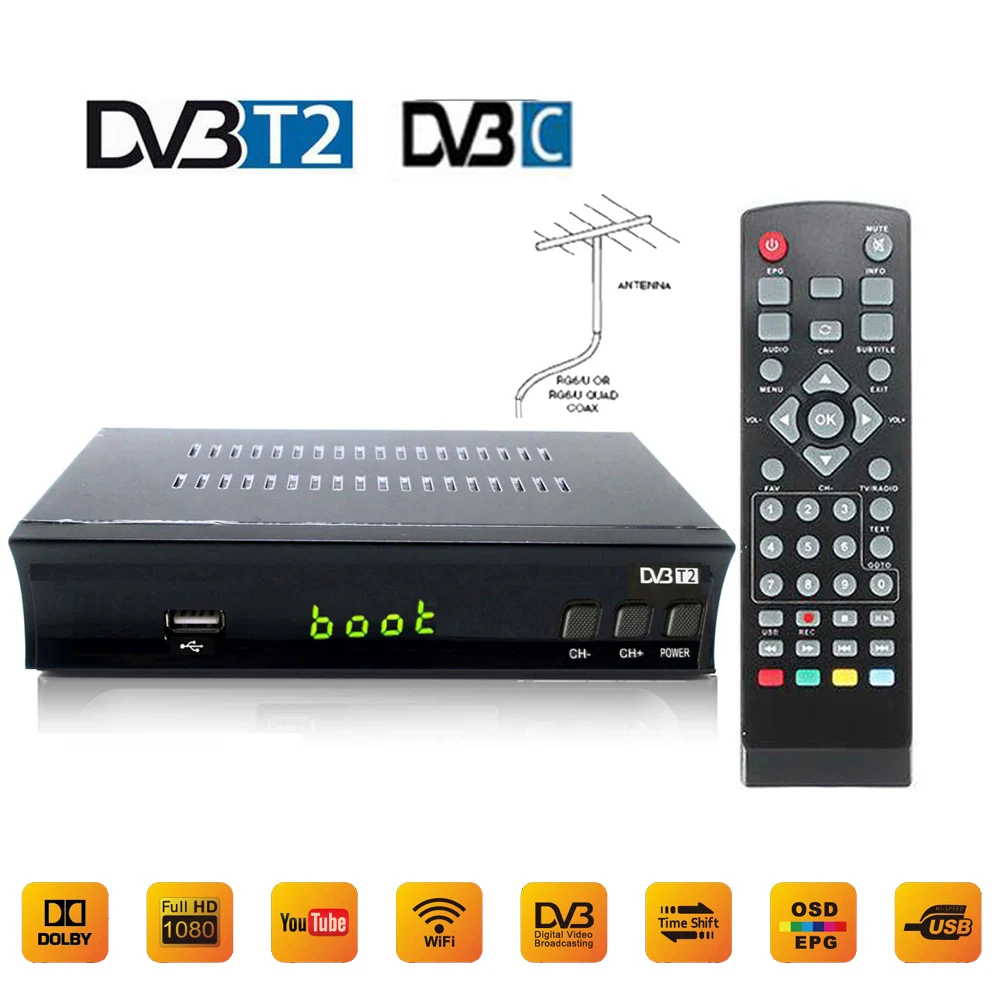 

Terrestrial DVB-T2 Digital TV receiver Tuner DVB T2 DVB C Internet IPTV youtube FTA H.264 MPEG-4 PVR TV HD AC3 1080P set top box