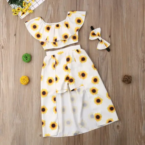 3Pcs Summer Children Girls Sunflower Clothes Off shoulder Crop Tops Skirted Shorts Headband Outfits Kids Clothing Set
3Pcs Summer Children Girls Sunflower Clothes Off shoulder Crop Tops Skirted Shorts Headband Outfits Kids Clothing Set