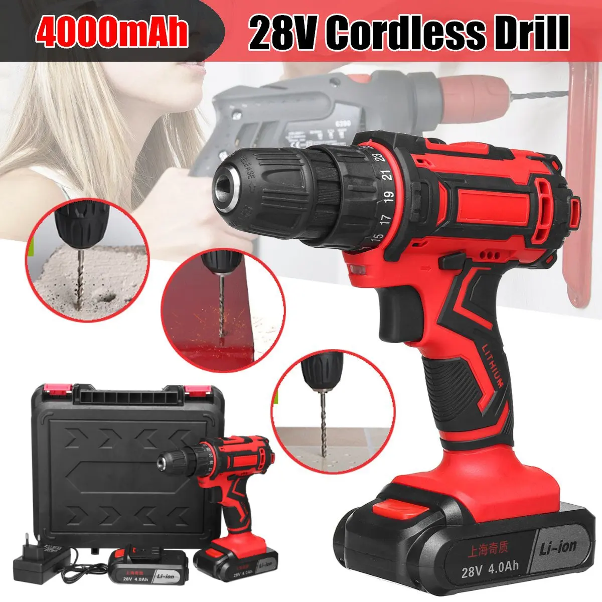 28V 3/8'' Electric Cordless Drill Driver Rechargeable Screwdriver Electric Drill Power Tools with 2 Lithium -Battery
28V 3/8'' Electric Cordless Drill Driver Rechargeable Screwdriver Electric Drill Power Tools with 2 Lithium -Battery