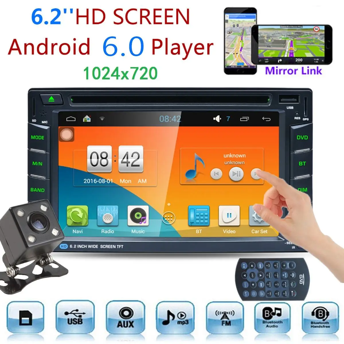 6.2" 2 Din Android 6.0 Bluetooth WIFI Car FM Radio Car DVD Player Video Audio Stereo GPS Navigation + Rear View Camera
6.2" 2 Din Android 6.0 Bluetooth WIFI Car FM Radio Car DVD Player Video Audio Stereo GPS Navigation + Rear View Camera